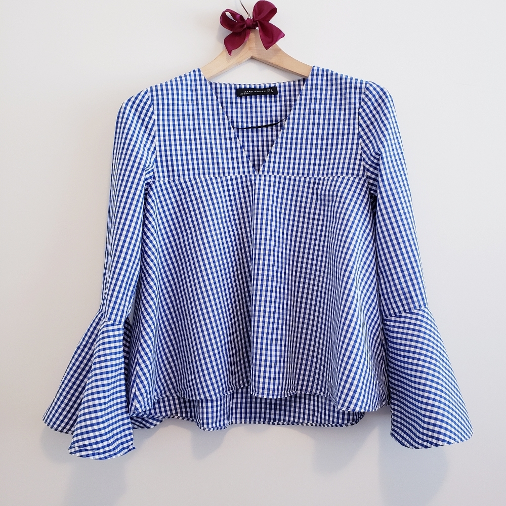 Lovely Zara Bell Sleeve Blue White Checkered Top Summer Spring V-neck Bohemian